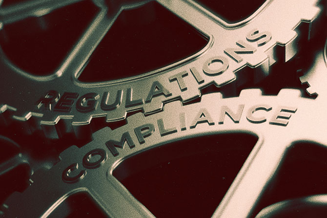 2026 Community Bankers for Compliance Program; Close-up of two interlocking metallic gears labeled "Regulations" and "Compliance," emphasizing coordination and alignment in governance.