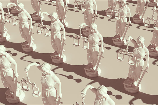 Flourish: Marching Into 2026 on the Advocacy Frontline; Statues of Lady Justice in a grid pattern, each holding scales and a sword. Uniform lighting creates elongated shadows, evoking a sense of order and repetition.