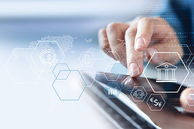 Hands using tablet with banking graphics