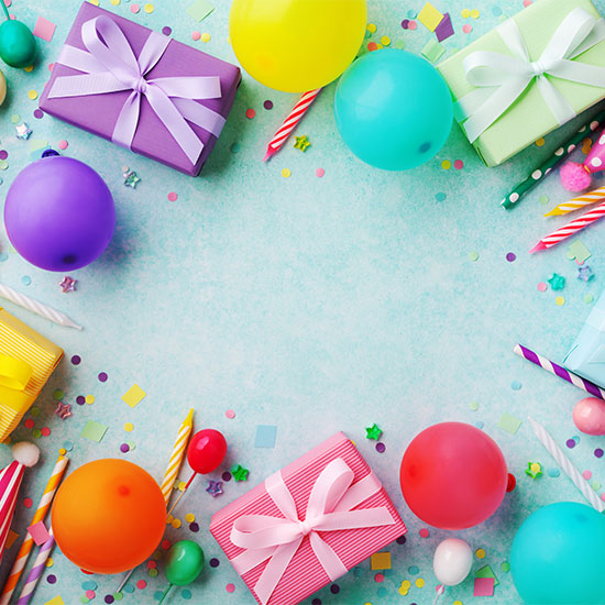 Celebration with balloons and gifts