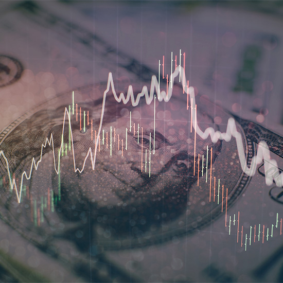 Graphic of line charts over one hundred dollar bill